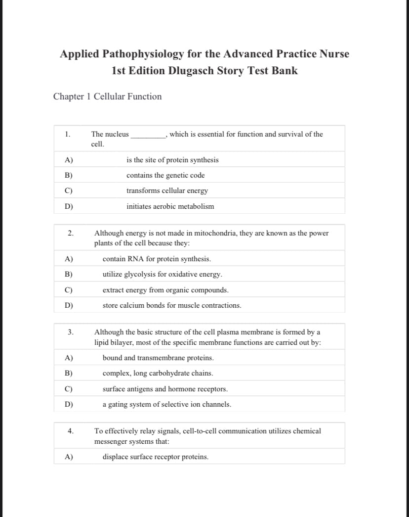Test Bank  Applied Pathophysiology for the Advanced Practice Nurse, 1st Edition by Dlugasch & Story