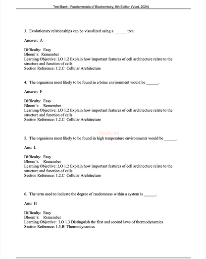 Test Bank for Fundamentals of Biochemistry 6th Edition Voet