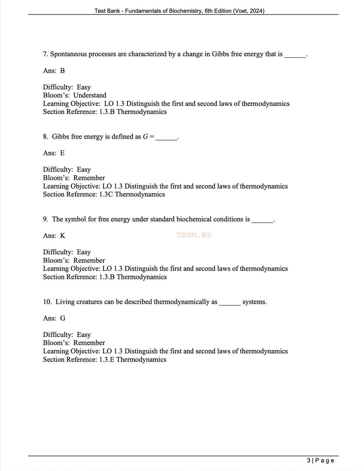 Test Bank for Fundamentals of Biochemistry 6th Edition Voet
