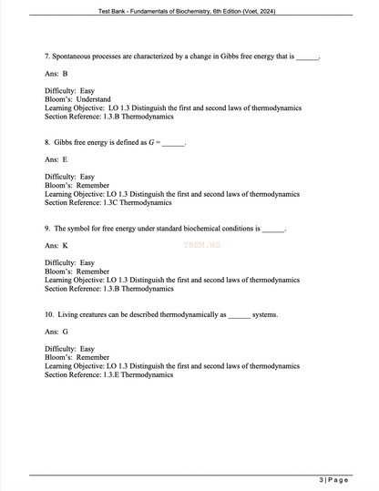 Test Bank for Fundamentals of Biochemistry 6th Edition Voet