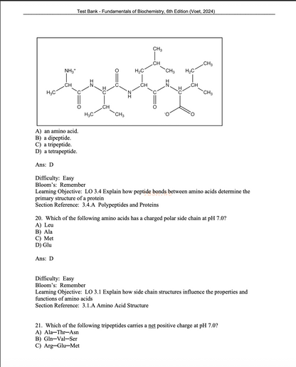 Test Bank for Fundamentals of Biochemistry 6th Edition Voet